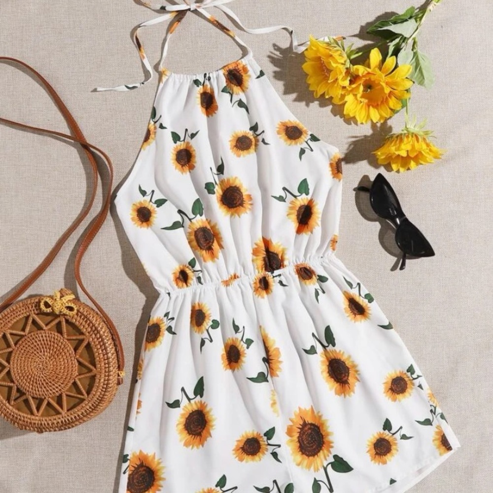 Sunflower Tied Backless Halter Romper